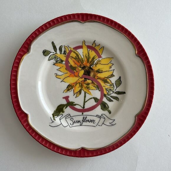 Anthropologie Eyewanderer S Sunflower Alphabet Plate Red Rim 6” - Picture 8 of 8